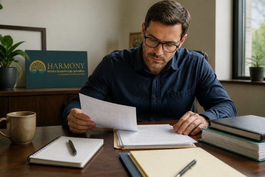 Man in glasses seated at a desk reviewing paperwork with a notebook, books, pens, and coffee mug nearby