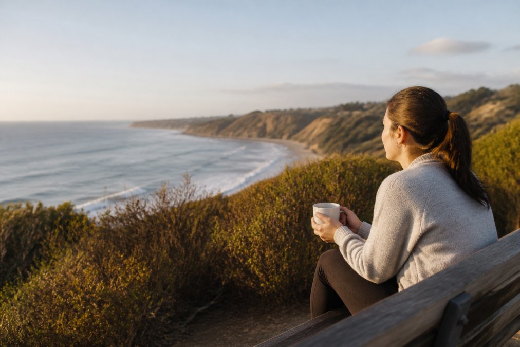Woman Reflecting on Coastal Bluffs