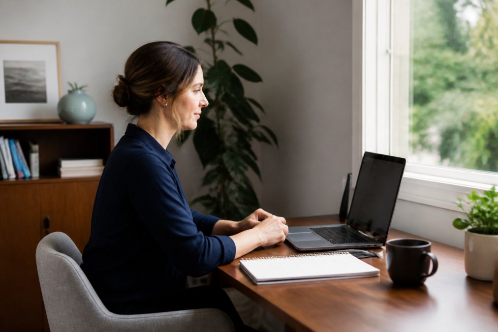 Woman in dark clothing seated at a desk with an open laptop, notebook, and coffee mug