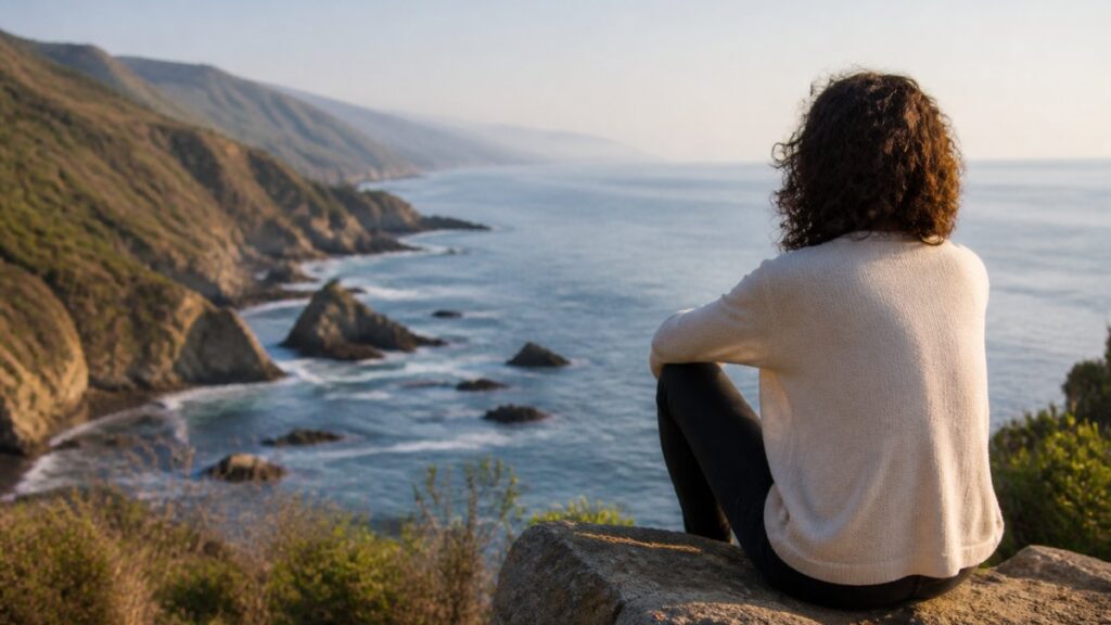 Woman Overlooking a Rocky Coastline