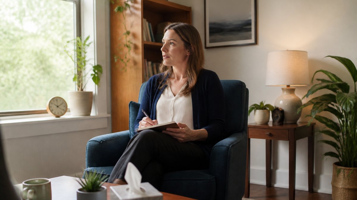 Woman holding a notebook while seated in an office near a window.