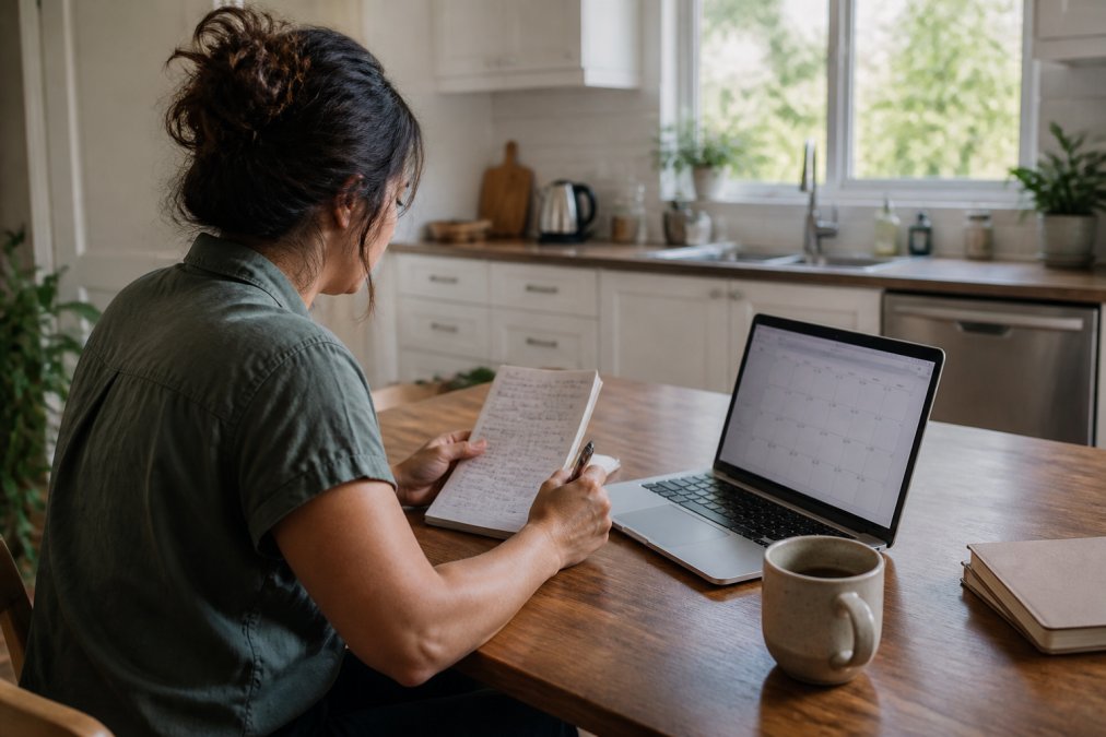 Woman seated at a kitchen table with a laptop displaying a calendar, handwritten notes, a pen, a coffee mug, and books.