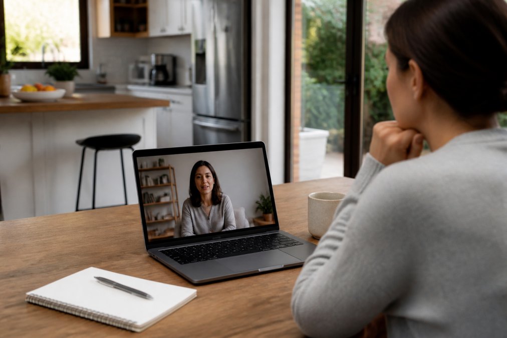 Woman seated at a table near her kitchen, speaking with another woman during a video call on her laptop.