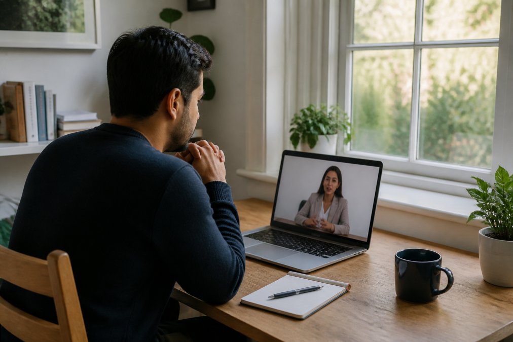 An adult talks to a clinician on a laptop screen during a personalized medication management session at home.