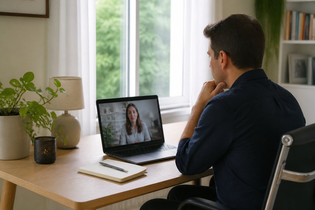 Professional participating in a virtual mental health appointment from a home office